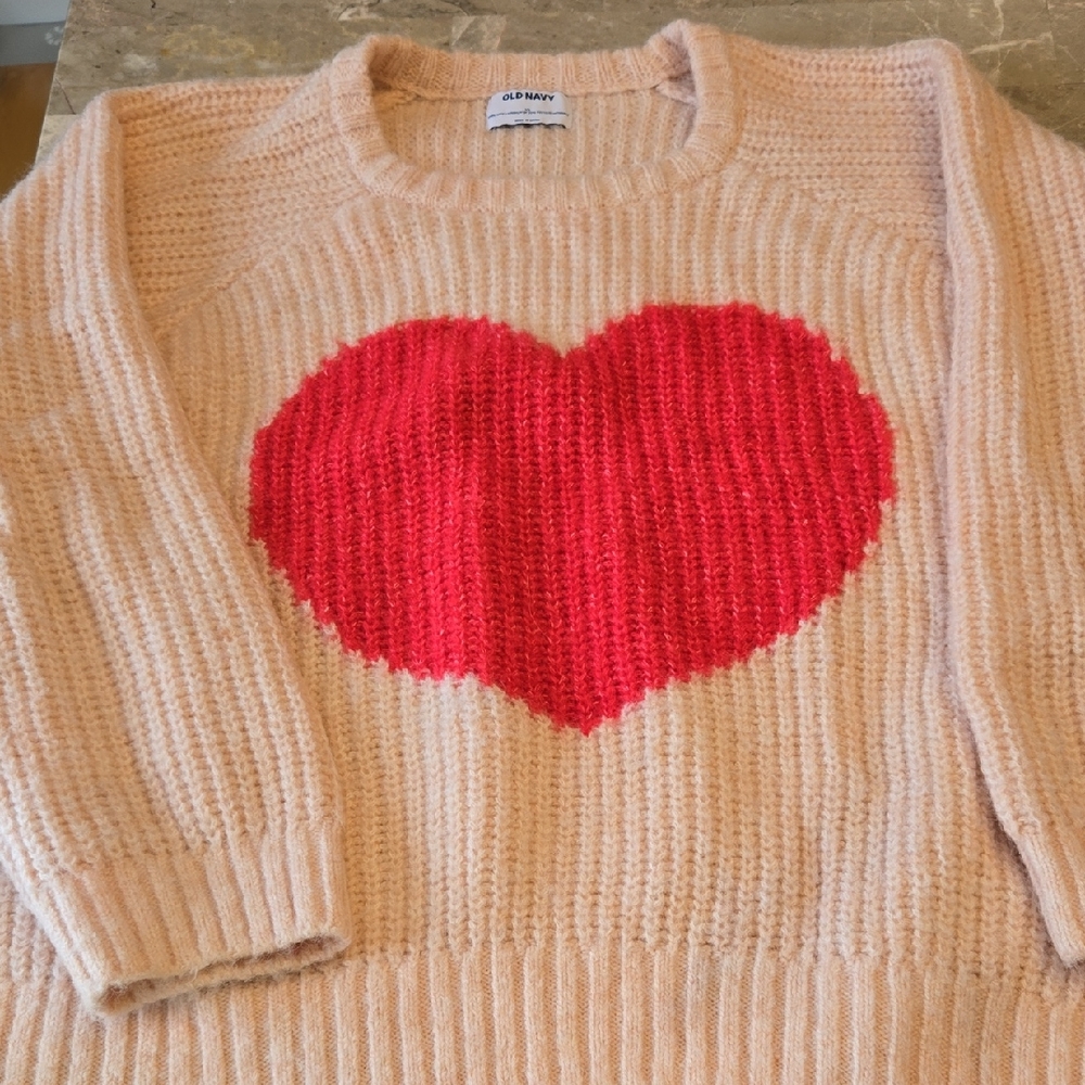 Old Navy Women's Tan Sweater with Red Heart